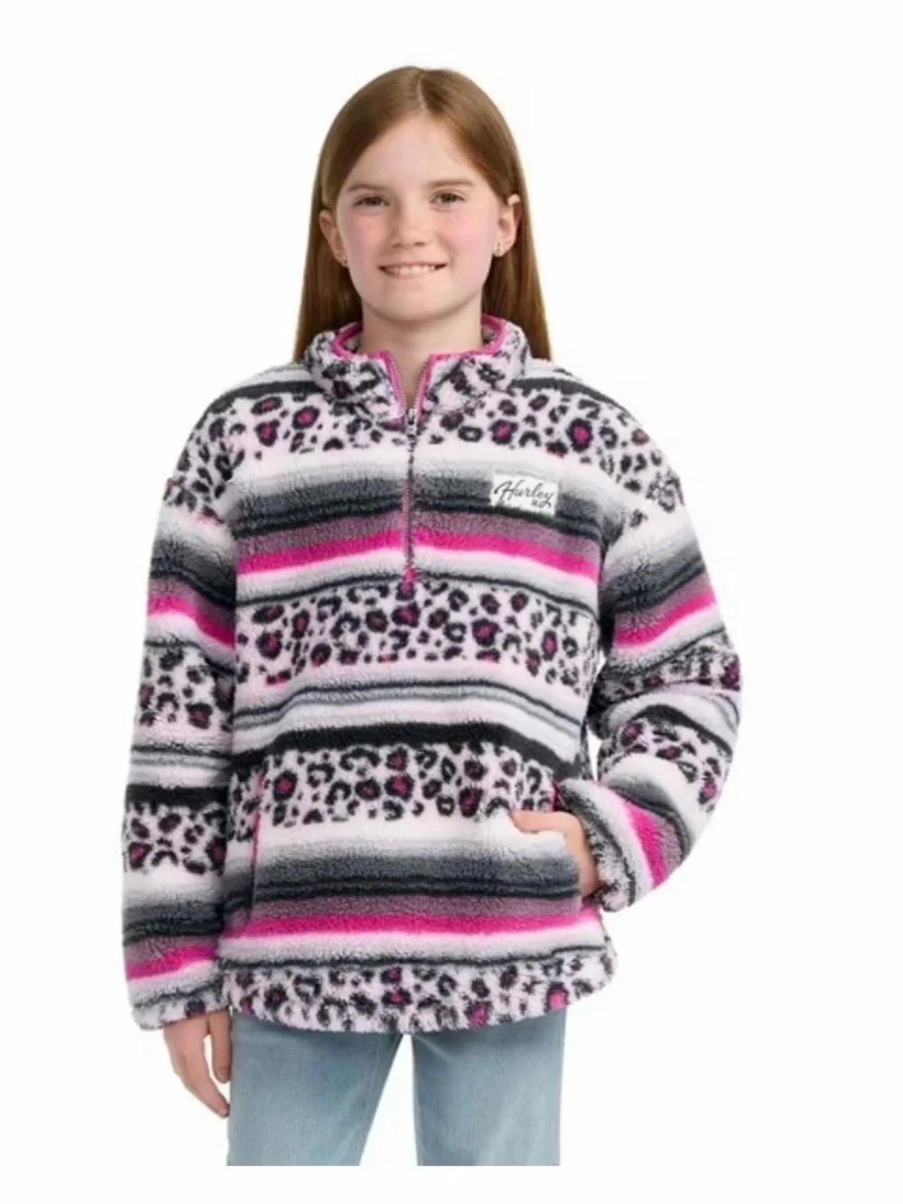 Hurley Pink, Gray & White Sherpa Half-Zip Hoodie for Kids